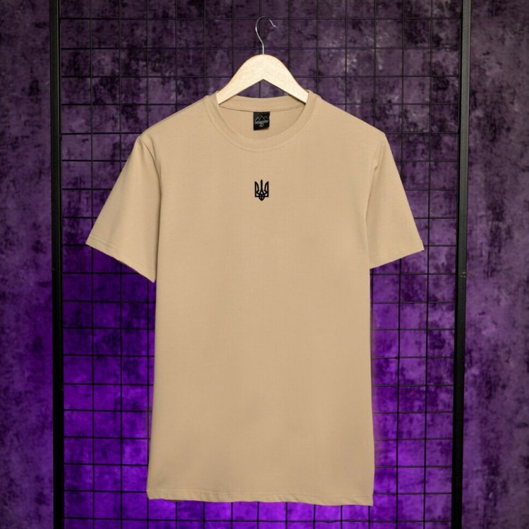 Футболка чоловіча однотонна бежева Pobedov Peremoga - Герб чорна вишивка POB_00000007339