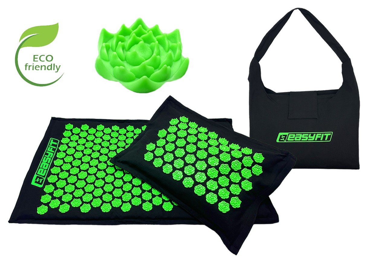 Массажный коврик EasyFit AcuRelax с иглами (аппликатор Кузнецова) черно-зеленый EFIT_EF-2710-BG