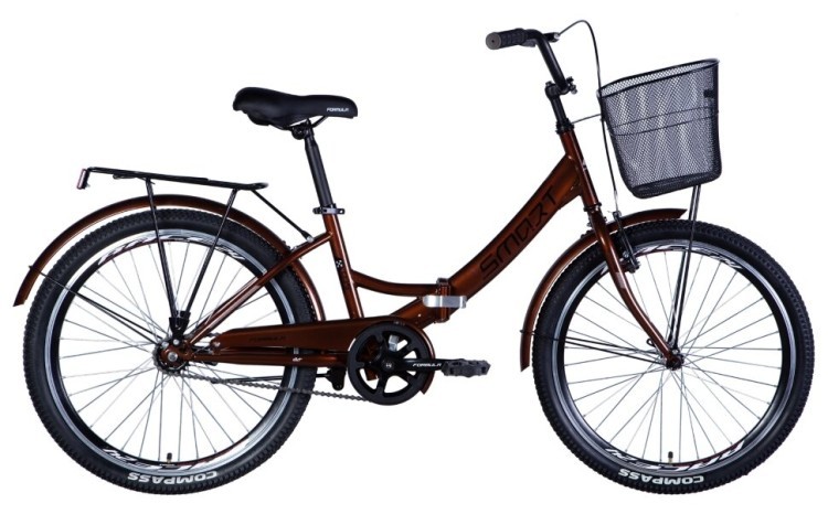 Велосипед ST 24" Formula SMART тормозная рама- " с багажником задн St с корзиной Pl с крылом St 2024 (коричневый) OPS-FR-24-389