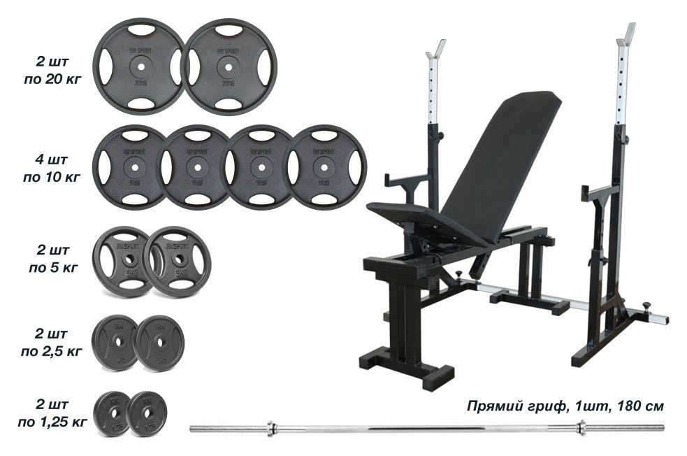 Магазин 090 + Стойки со страховочными упорами UM 0150 + Металлическая штанга RN-Sport Quatro 105 кг RNS_UM0150-105m