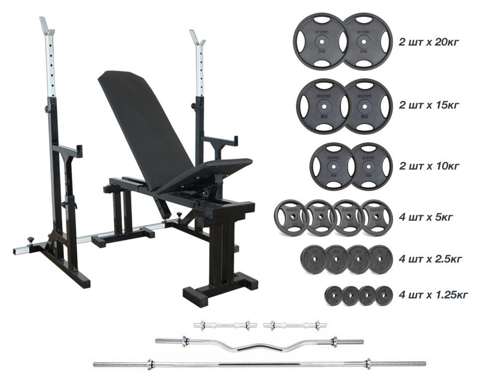 Магазин 090 + Стойки со страховочными упорами UM 0150 + 125 кг дисков + 4 грифа RN-Sport RNS_UM0150-125m