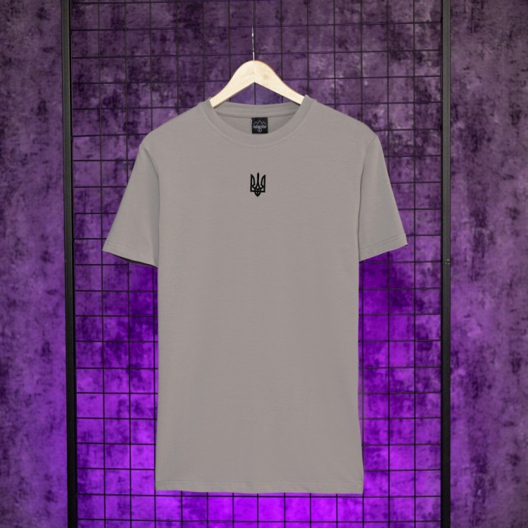 Футболка чоловіча однотонна сталева Pobedov Peremoga - Герб чорна вишивка POB_00000007346