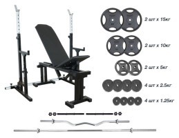 Магазин 090 + Стойки со страховочными упорами UM 0150 Штанга + металлическая 83 кг, гриф W, гантели RN-Sport
