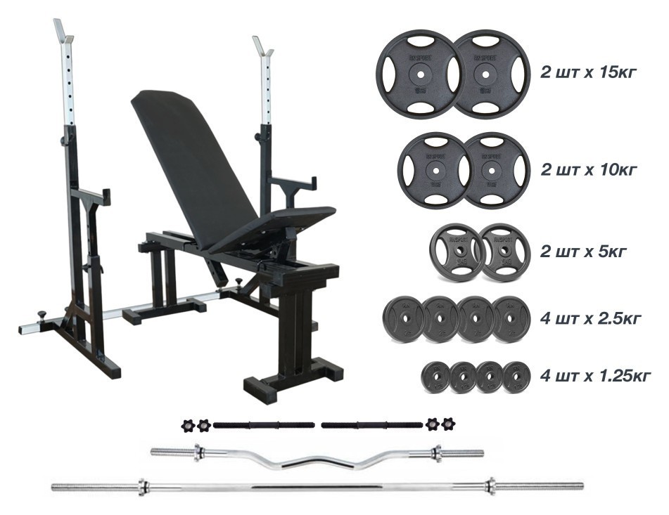 Магазин 090 + Стойки со страховочными упорами UM 0150 Штанга + металлическая 83 кг, гриф W, гантели RN-Sport RNS_UM0150-83m