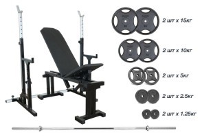 Магазин 090 + Стойки со страховочными упорами UM 0150 + штанга с металлическими дисками 75 кг RN-Sport