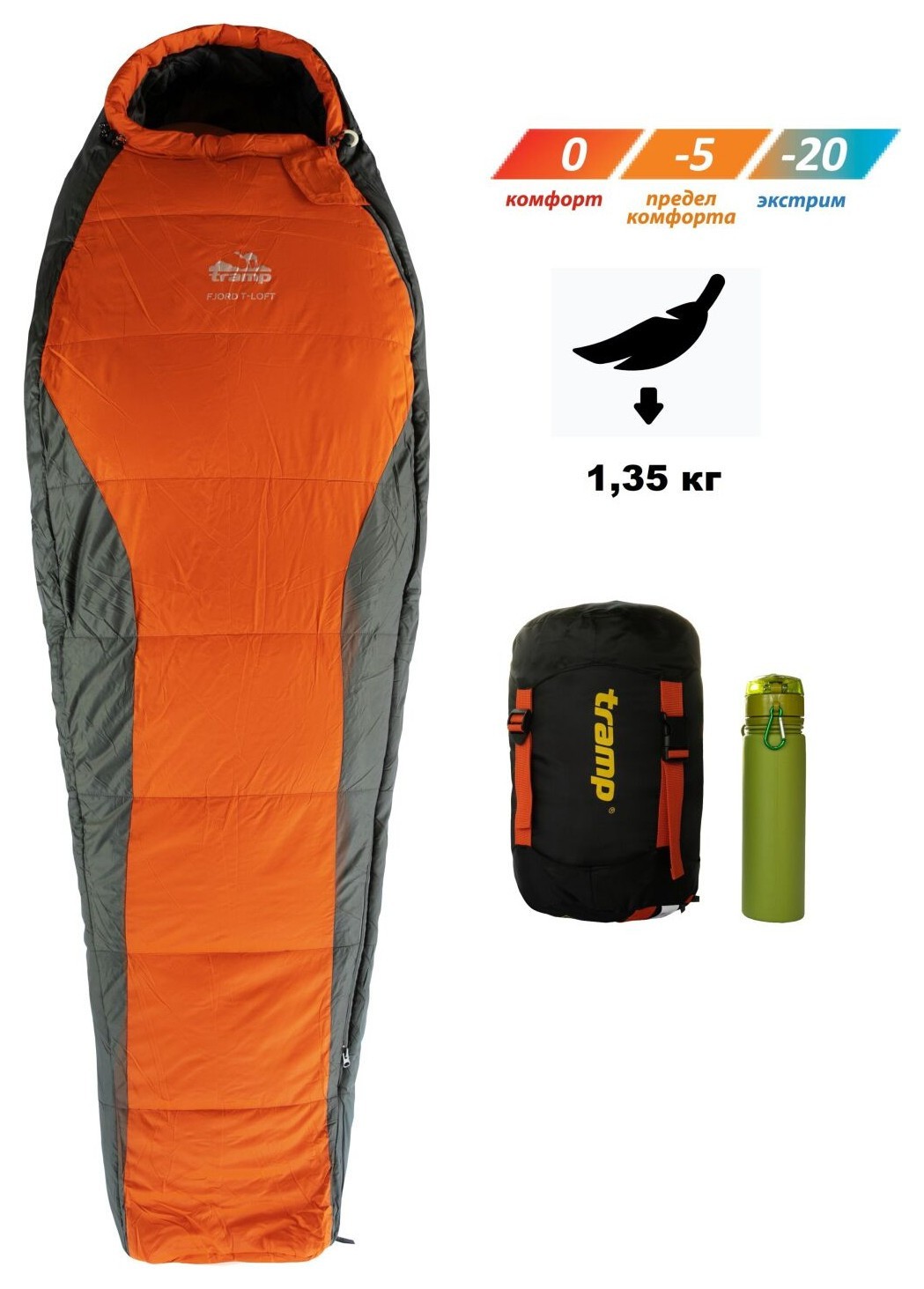 Спальный мешок Tramp Fjord Regular кокон правый orange/grey 200/80-50 UTRS-049R UTRS-049R-R