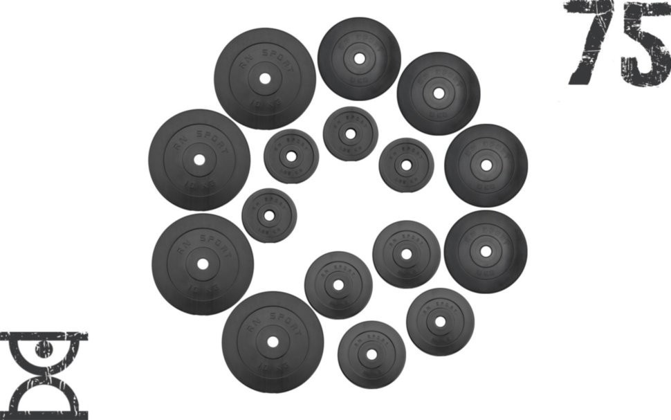 75 кг (4 по 10, 4 по 5, 4 по 2.5, 4 по 1.25) блинов на штангу покрытых пластиком (31 мм) RNS_RNbitset75
