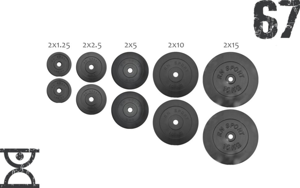 67 кг (2х1.25, 2х2.5, 2x5, 2х10 и 2x15) дисков, покрытых пластиком (31 мм) RNS_RNbitset67