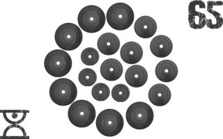 65 кг (4 по 1.25, 8 по 2.5, 8 по 5 кг) дисков, покрытых пластиком (31 мм)