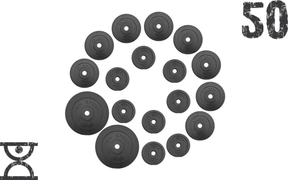 50 кг (2 по 10, 8 по 2,5, 8 по 1.25) дисков, покрытых пластиком (31 мм) RNS_RNbitset50