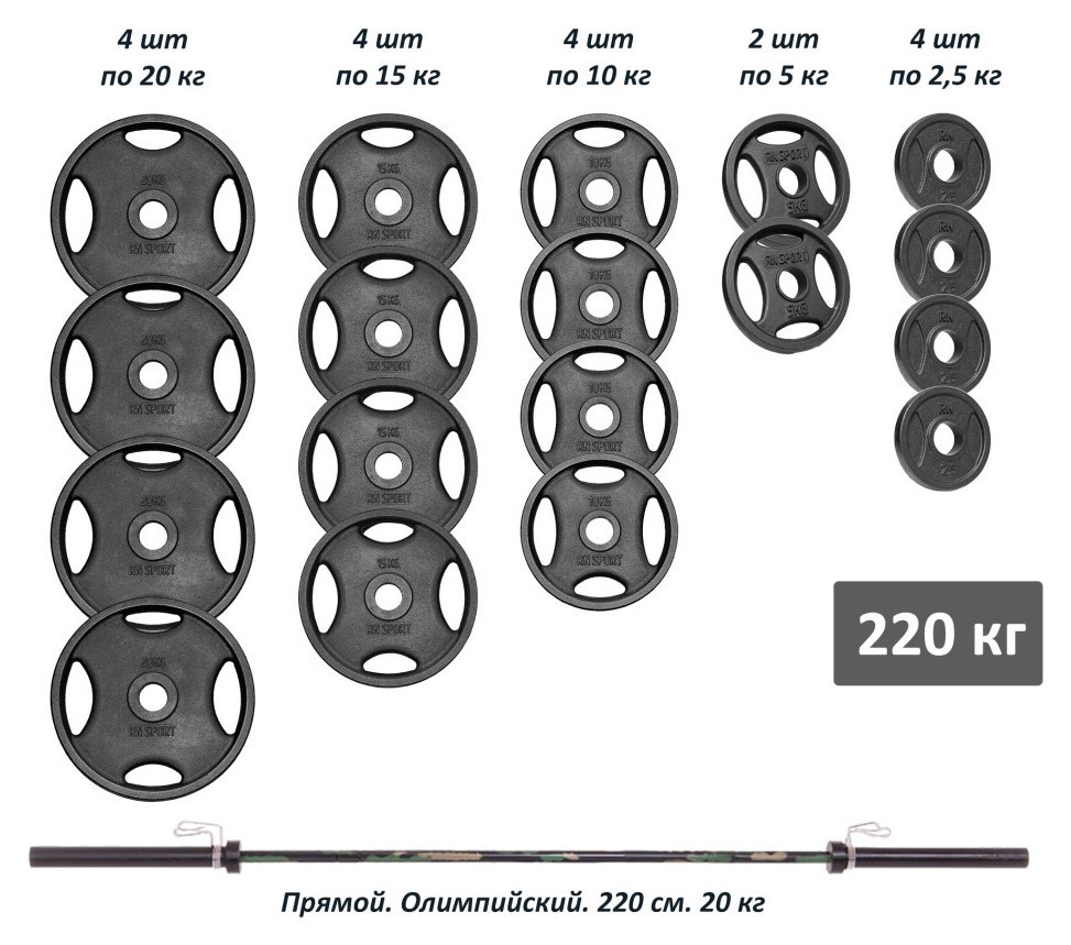 Профессиональная штанга RN-Sport с металлическими дисками в порошковой покраске 220 кг. RNS_RN_Ch220