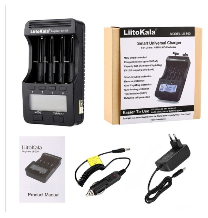 Універсальний інтелектуальний зарядний пристрій Liitokala Lii-500 EU на 4 канали + автомобільний кабель FNR_Lii-500 EU+Carcable