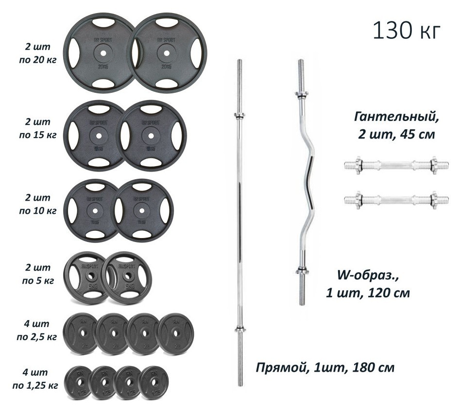 Набор штанги с гантелями. 4 грифа + 115 кг металлических дисков RN-Sport RNS_Ch4gr115
