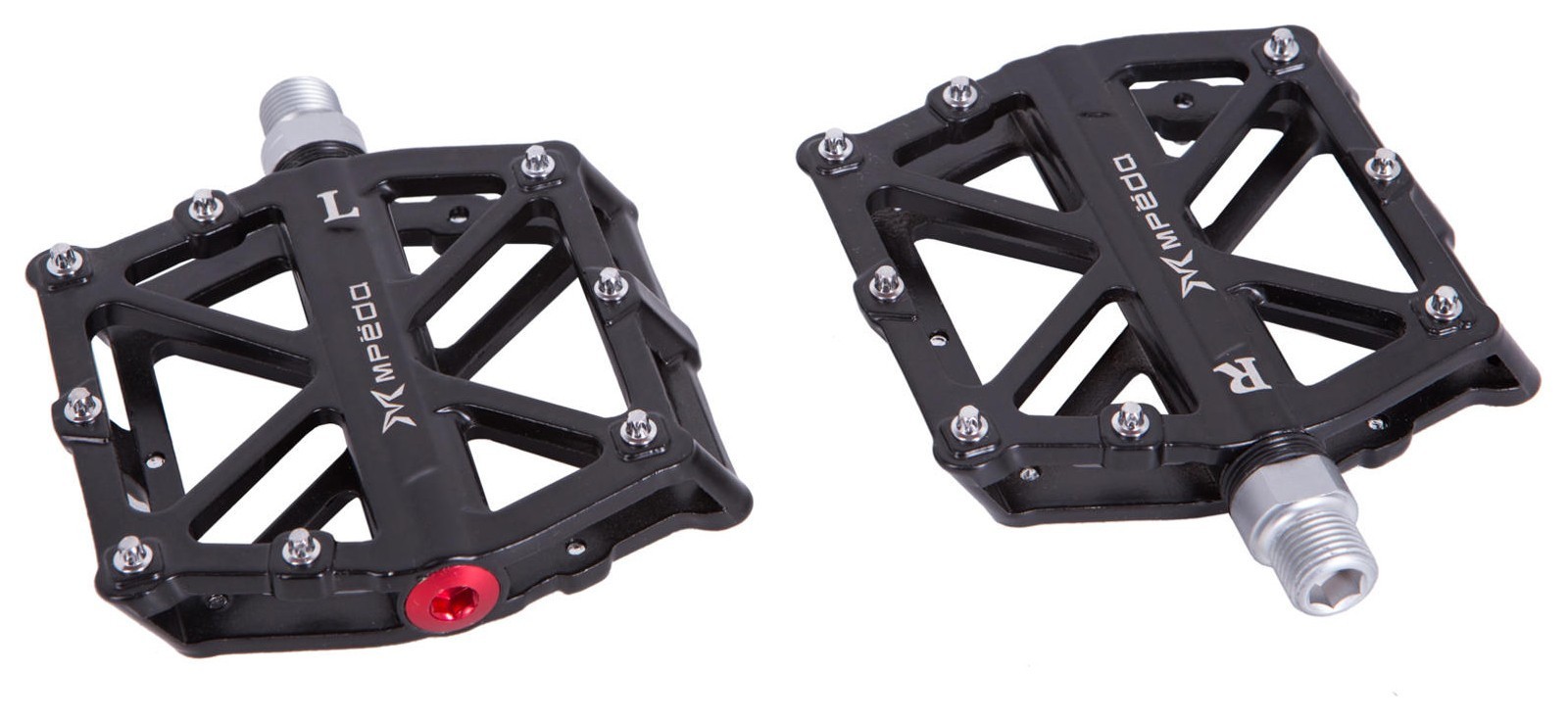 Педалі Алюмiнiй 96*101мм Mpeda AL-10 чорний пром. підшипник змінні шипи, шир.платформа AM (брендоване пакування) PED-083