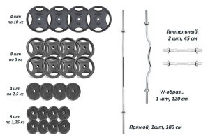 Набор штанги с гантелями. 4 грифа + 100 кг металлических дисков RN-Sport