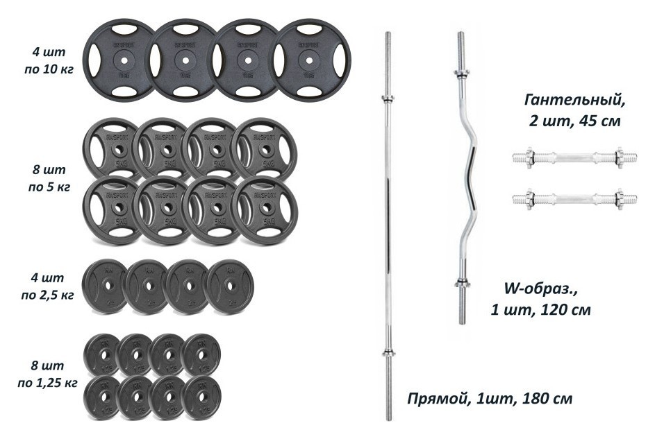 Набор штанги с гантелями. 4 грифа + 100 кг металлических дисков RN-Sport RNS_RN-ch100