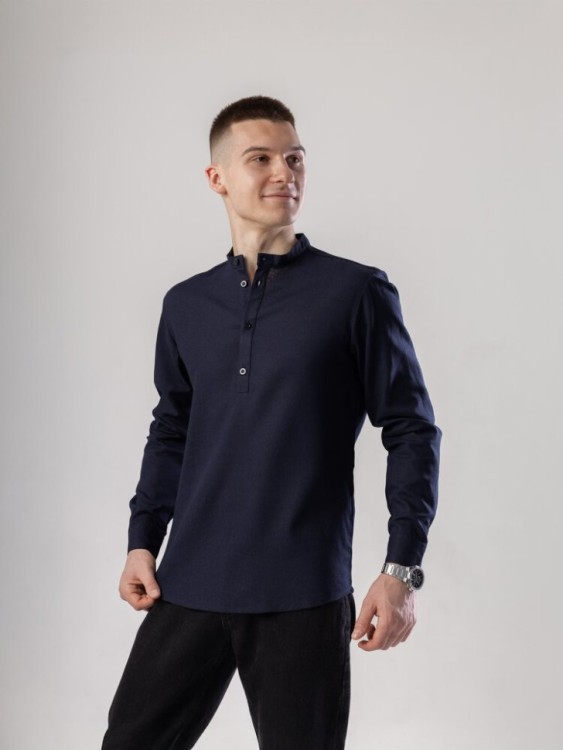 Сорочка з льону чоловіча синя однотонна. Сорочка casual на ґудзиках синя Pobedov Exlnt POB_00000008756