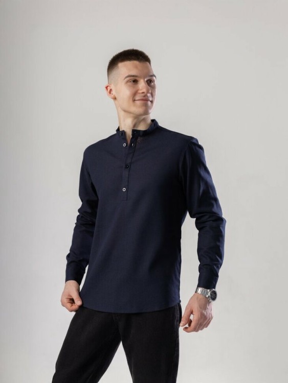 Сорочка з льону чоловіча синя однотонна. Сорочка casual на ґудзиках синя Pobedov Exlnt POB_00000008759
