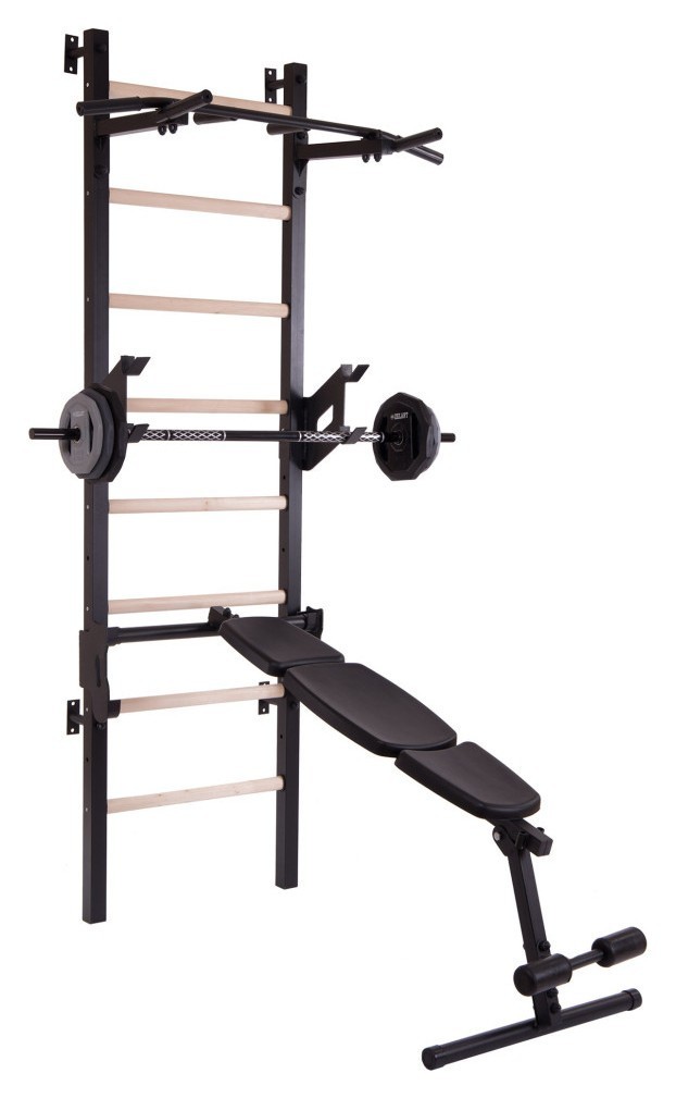 Шведская стенка-стойка с турником брусами и скамейкой для пресса и спины Master Wood PRO, сталь, дерево RNS_L-2405