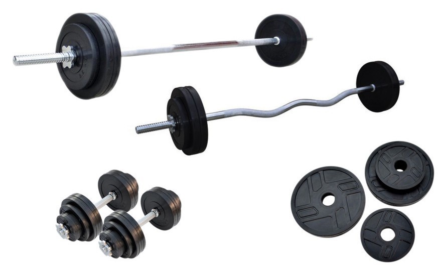 Две штанги + две гантели. Набор металлических резиновых дисков 57 кг + 4 хромированных грифа. RNS_Obtop57