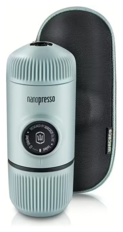 Портативна еспресо-кавоварка Wacaco Nanopresso блакитна з чохлом, механічна, для меленої кави FNR_WNANOBLUE