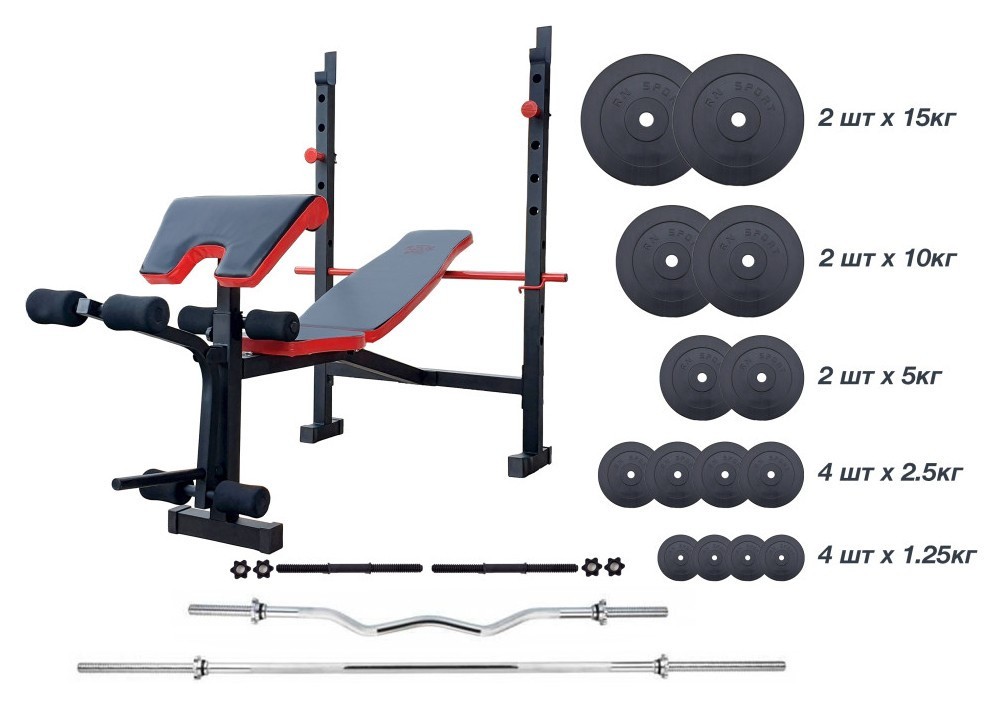 ТОП! Скамейка для жима ReadMeBlack + Штанга 83 кг, гриф W, гантели RN-Sport RNS_RMB-83