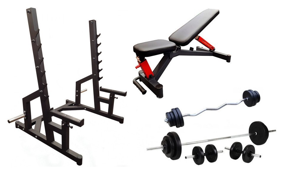 Профессиональная скамья со стойками RN-Sport black rock + 4 грифа, 80 кг блинов RNS_Bit80_BLrocK