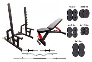 Профессиональная скамья со стойками RN-Sport black rock + 4 грифа, 115 кг блинов