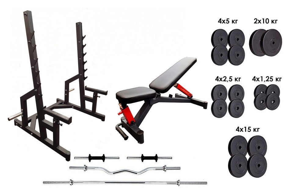 Профессиональная скамья со стойками RN-Sport black rock + 4 грифа, 115 кг блинов RNS_Bit115_BLrocK