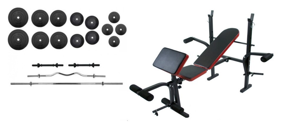 100 кг блинов + 4 грифа + скамья для жима складная RN-Sport RNS_ES055_100