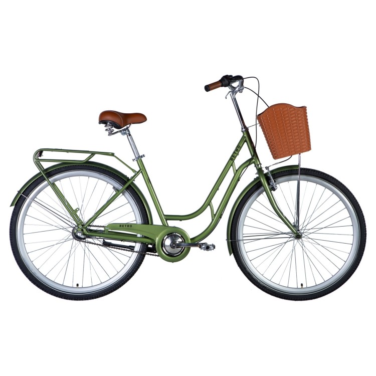 Велосипед ST 28" Dorozhnik RETRO планет. рама- " с багажником задн St с корзиной Pl с крылом St 2024 (темно-зелений) OPS-D-28-397