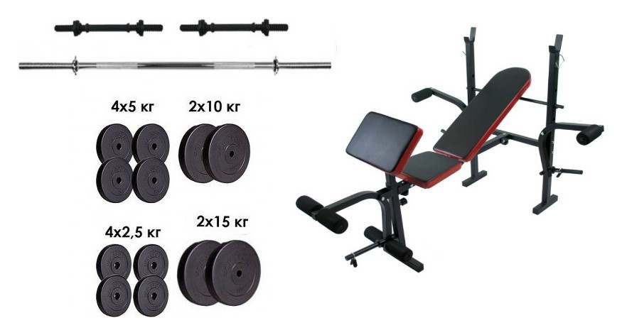 Скамейка с тренажерами + набор силовой на 90 кг. RNS_trex_090