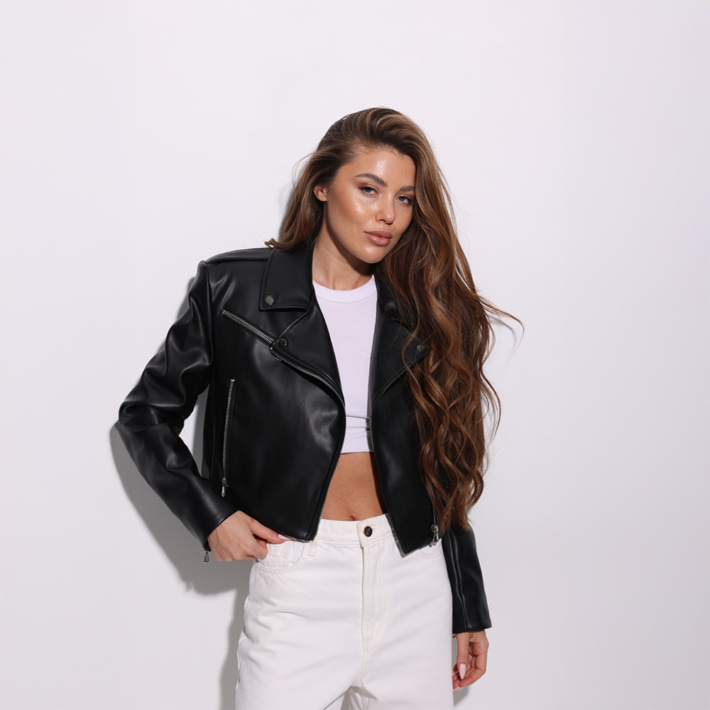 Жіноча куртка Slavni еко шкіра чорна, Стильна коротка куртка Slavni Jetta жіноча чорна POB_00000009969