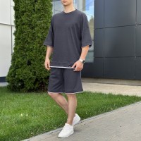 Чоловічий літній комплект шорти і футболка антрацит вільного крою Pobedov Jack