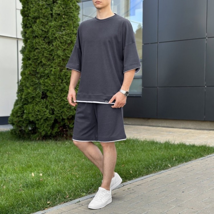 Чоловічий літній комплект шорти і футболка антрацит вільного крою Pobedov Jack POB_00000006497