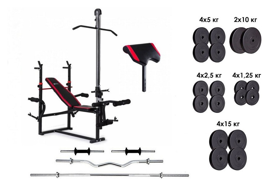 Лава для жима с тягой, штанга, 4 грифа и 115 кг дисков. RNS_ES1070_115