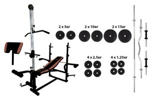 Скамейка с верхней тягой + 4 грифа + 75 кг дисков с покрытием ABS