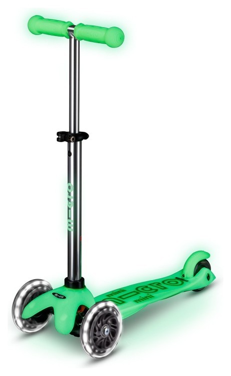 Самокат MICRO серии "Mini Deluxe Glow LED" – ЛЮДЖЕННЫЙ ЛАЙМ (до 50 kg, 3-х колесный, свет) MMD216