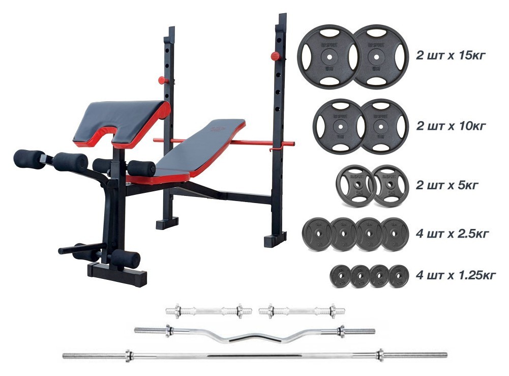 Скамейка для жима ReadMeBlack + Штанга металлическая 83 кг, гриф W, гантели RN-Sport RNS_RMB-83m