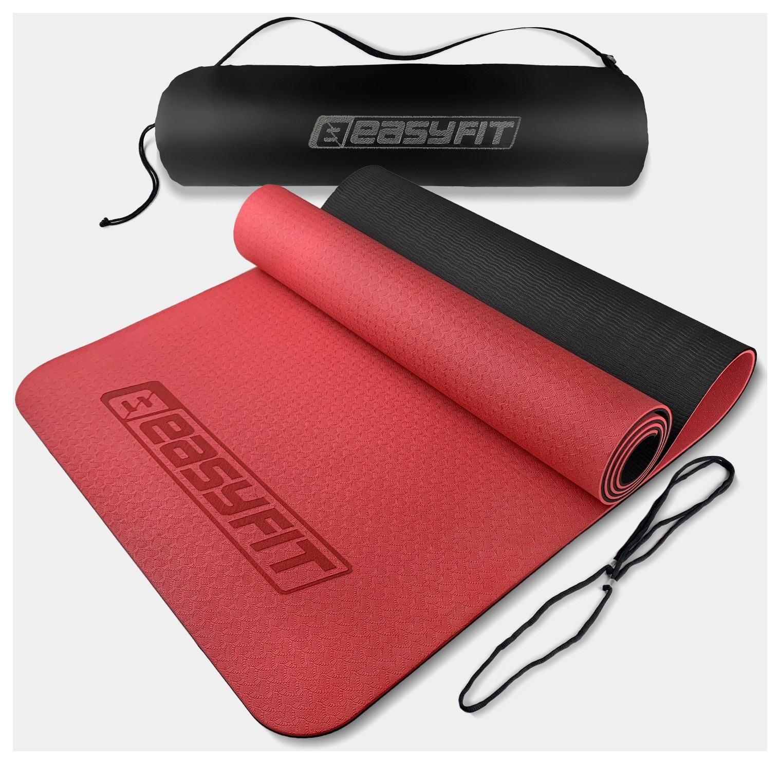Коврик для йоги и фитнеса EasyFit TPE+TC 6мм двухслойный + Красный чехол с черным EFIT_EF-1924s-RB