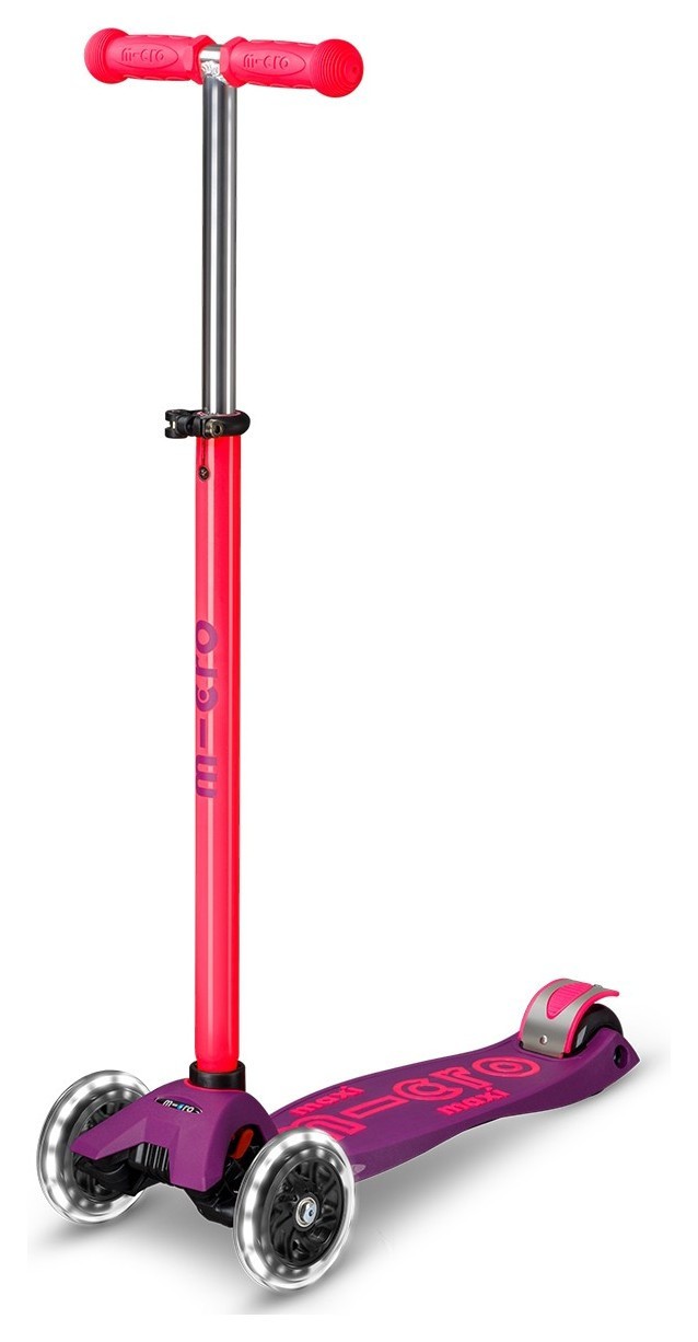 Самокат MICRO серии "Maxi Deluxe Neon LED" – УЛЬТРА РОЗОВЫЙ (до 50 кг (kg), 3-х колесный, свет) MMD233