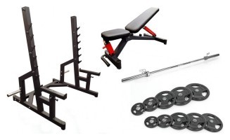 Профессиональная скамья со стойками RN-Sport black rock + Олимпийская штанга 120 кг